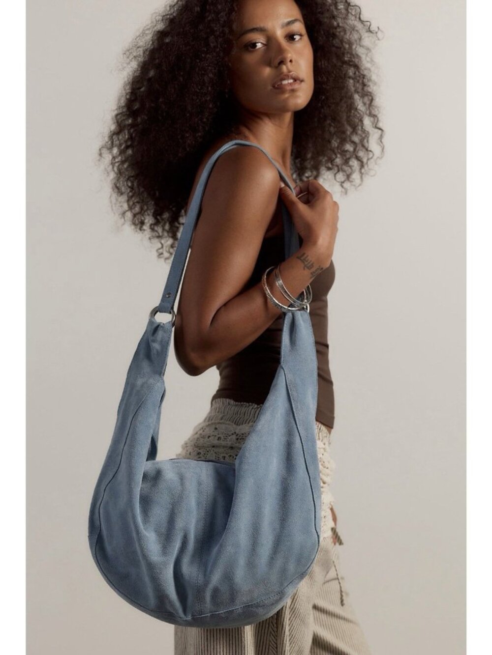 Free People Moonrise Hobo Bag Blue Suede Leather Slouchy Shoulder Bag Boho